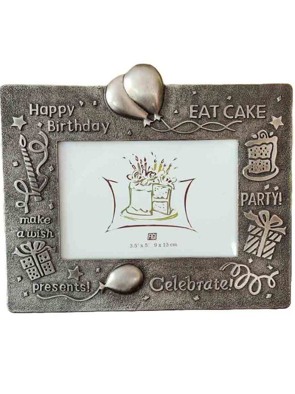 Vintage FIGI Gray Metal Happy Birthday Photo Frame Holds 3.5" X 5" Photo